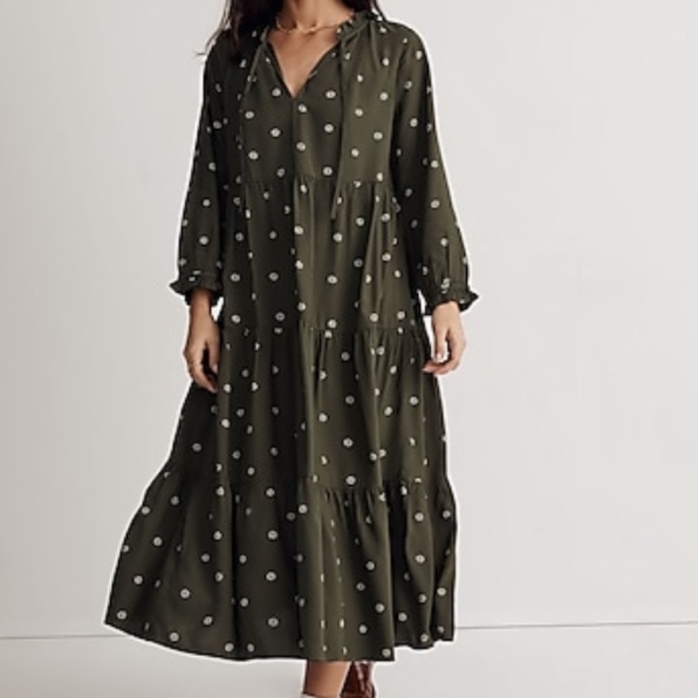 Madewell Green Tiered Cotton Midi Dress | Bishop Sleeves | Size XL
